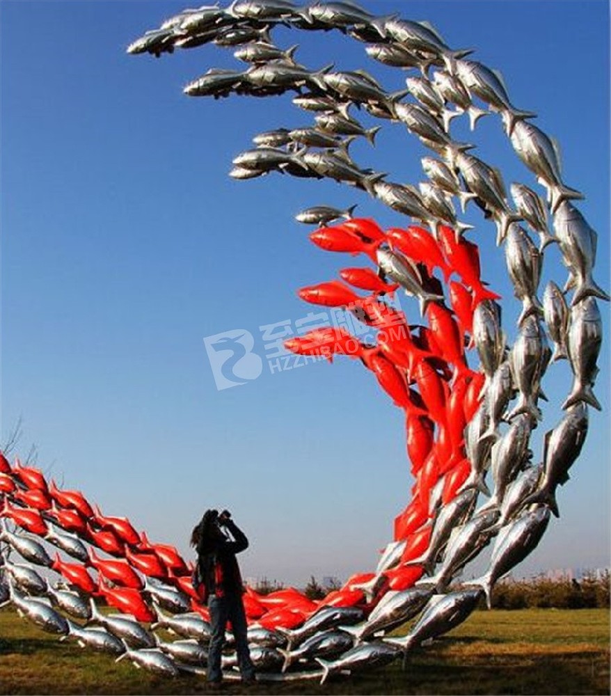 戶外地標(biāo)性建筑鏡面魚(yú)群不銹鋼雕塑定制